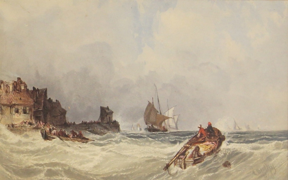 After Charles Bentley O.W.S. (British, 1806-1854), Horses on a beach with fishing boats beyond, - Image 3 of 4