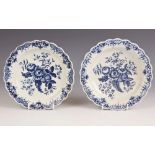 A near pair of Worcester porcelain lobed plates, circa 1770-1785, transfer printed in underglaze