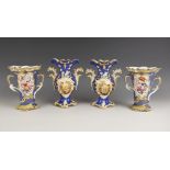 A pair of English porcelain twin handled vases, probably Coalport early 19th century, each of