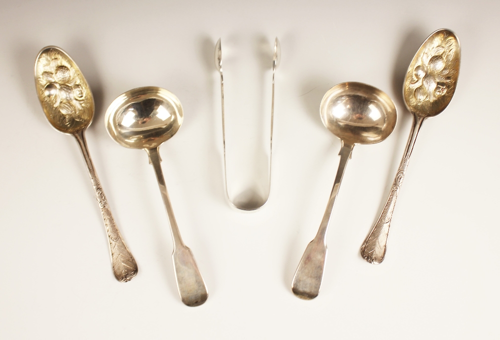 A pair of George I silver Hanovarian pattern spoons, stamped ‘IS’, London 1724, the bowls with later