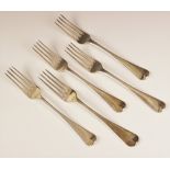 Five George IV Old English pattern silver forks, William M Traies, London 1825, each with engraved