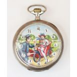 An early 20th century Omega silver open face pocket watch, the dial depicting an erotic scene with