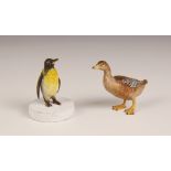 A cold painted bronze model of a Mallard duck, 7cm long, with a cold painted model of a penguin, 4.