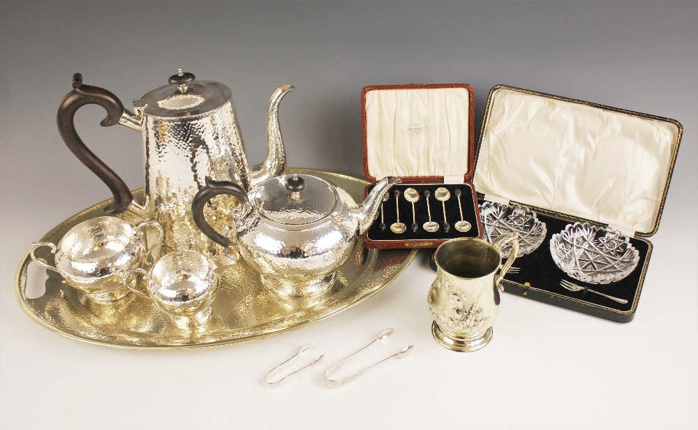 A selection of silver and silver plated tableware, to include an Arts & Crafts EPNS tea service by