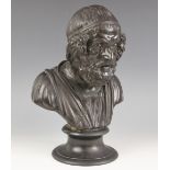 A Wedgwood black basalt library bust modelled as the poet Homer looking downcast, 19th century,