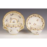 A Derby twin handled chocolate or caudle cup and associated saucer, circa 1790, the ogee shaped