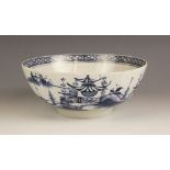 An English blue and white bowl, circa 1790, possibly Lowestoft, painted with a Chinese inspired