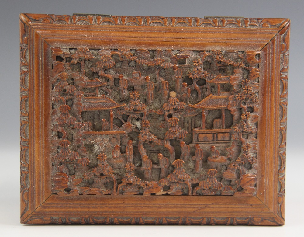 A Chinese carved sandal wood box, late 19th century, the rectangular box with hinged cover carved - Image 3 of 3