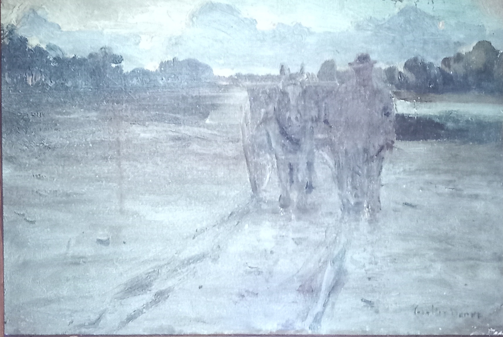 Impressionist school (20th century), A farmer with donkey cart, Oil on board, Indistinctly signed " - Image 8 of 8