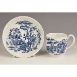 A Worcester porcelain coffee cup and saucer, circa 1760-1770, transfer printed in underglaze blue