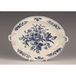 A Worcester porcelain oval twin handled stand, circa 1775, transfer printed in blue with the Rose