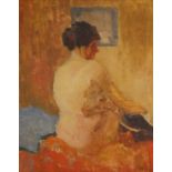 Charles Dehoy (Belgian, 1872-1940), Study of a nude seated on a bed, Oil on board, Signed and