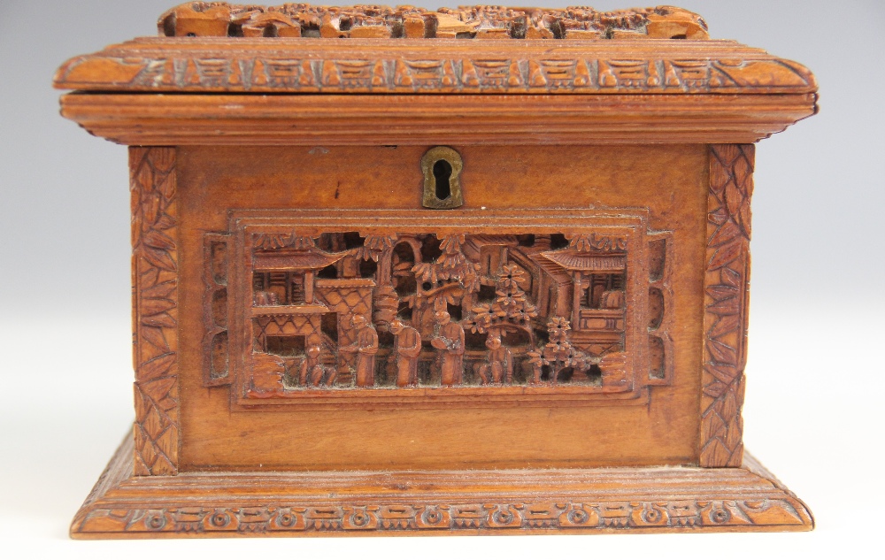 A Chinese carved sandal wood box, late 19th century, the rectangular box with hinged cover carved - Image 2 of 3