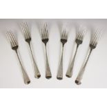 Six George III Old English pattern silver forks, assorted makers, London 1793 - 1809, measuring