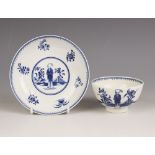 A Caughley porcelain tea bowl and saucer, circa 1775, painted in underglaze blue in the Waiting
