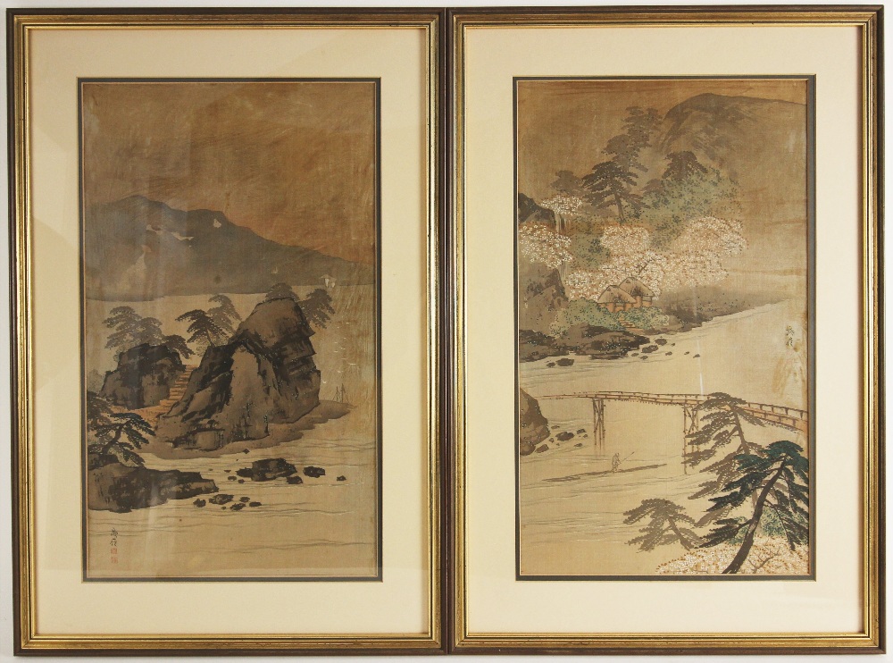 Chinese School (19th/20th century), Pair of watercolours on silk, Mountainous landscapes, Each