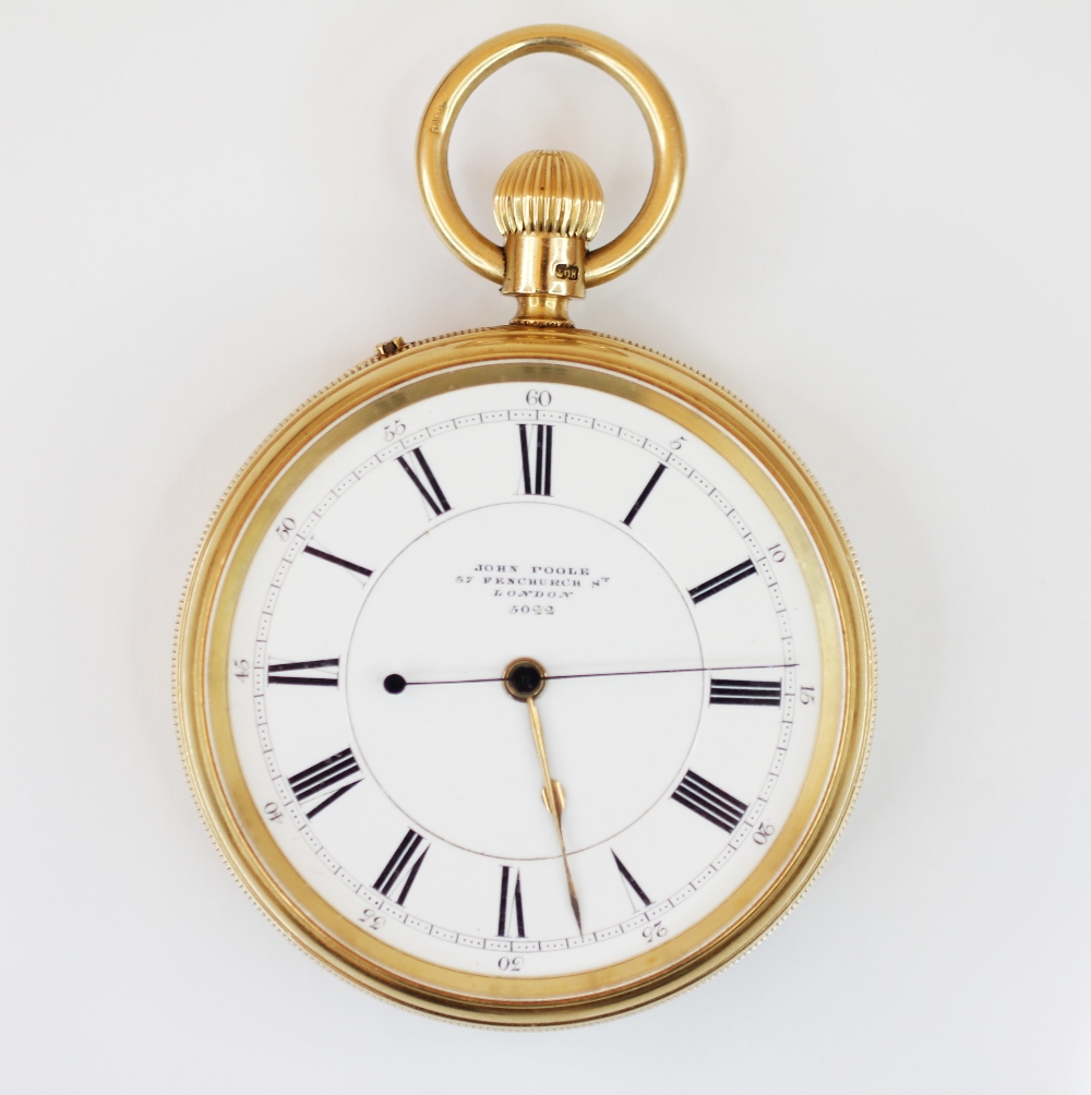 A Victorian 18ct gold open face pocket watch, the circular white enamel dial with black Roman