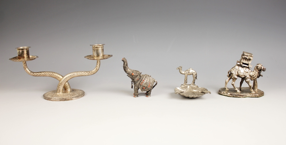 A selection of silver coloured items, to include a two branch candleabra (weighted) the branches
