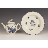 A Worcester teapot and cover, circa 1775, transfer printed in underglaze blue with the Three Flowers
