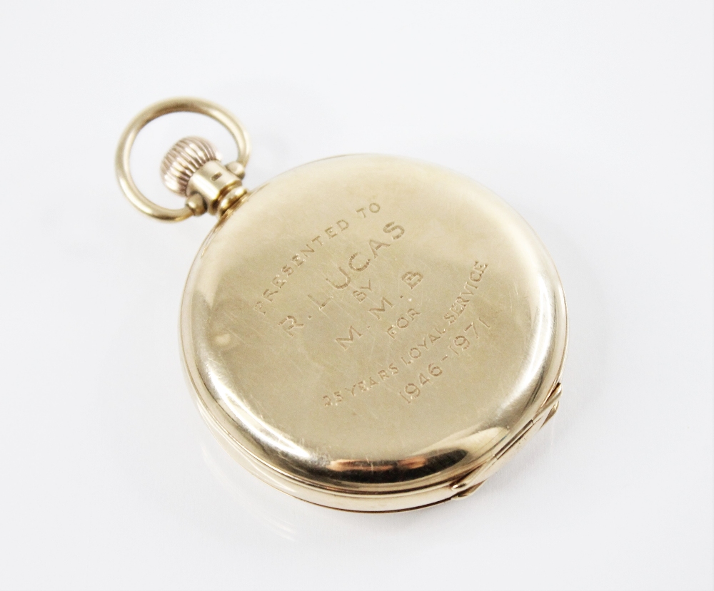 A George V 'Vertex' 9ct gold half hunter pocket watch, the circular white enamel dial with black - Image 3 of 4