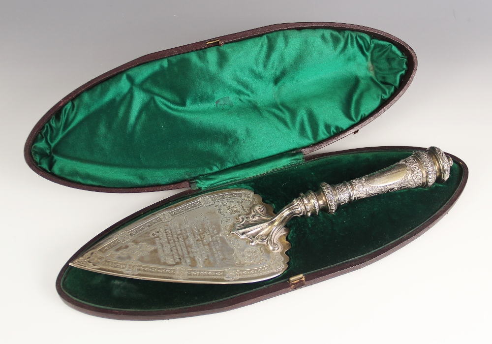 A Victorian silver presentation trowel within fitted case, Martin Hall and Co, London 1876, the