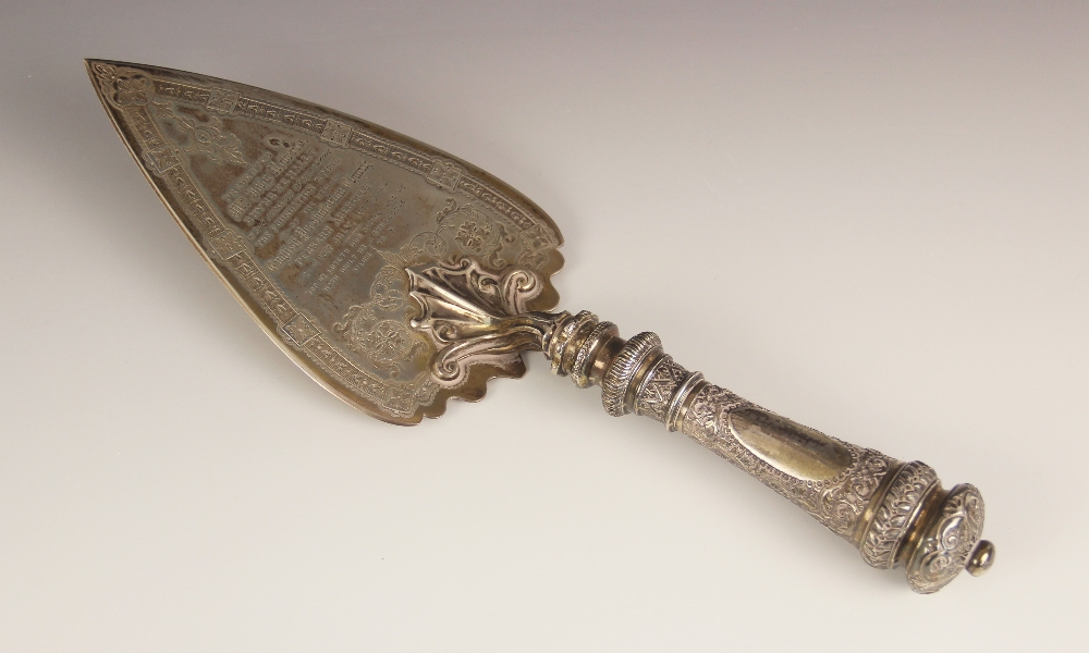 A Victorian silver presentation trowel within fitted case, Martin Hall and Co, London 1876, the - Image 2 of 10