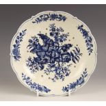 A Worcester porcelain strainer, circa 1775, transfer printed in underglaze blue with the Pine Cone