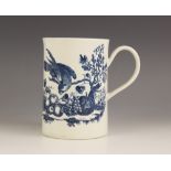 A large Worcester porcelain mug or tankard, circa 1770-1785, transfer printed in underglaze blue