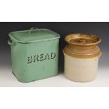 A green enamelled bread bin, early to mid 20th century, of rectangular form, with loop handles