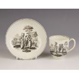 A Worcester porcelain coffee cup and saucer, circa 1775-1790, transfer printed in underglaze black