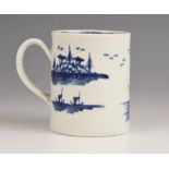 A English porcelain mug, probably Worcester circa 1770 to 1780, painted in underglaze blue with
