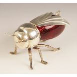 A 20th century silver plated and cranberry glass novelty preserve pot, modelled as a honey bee