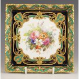 A Royal Crown Derby florally enamelled square tray or dish, with pierced galleried rim in green,