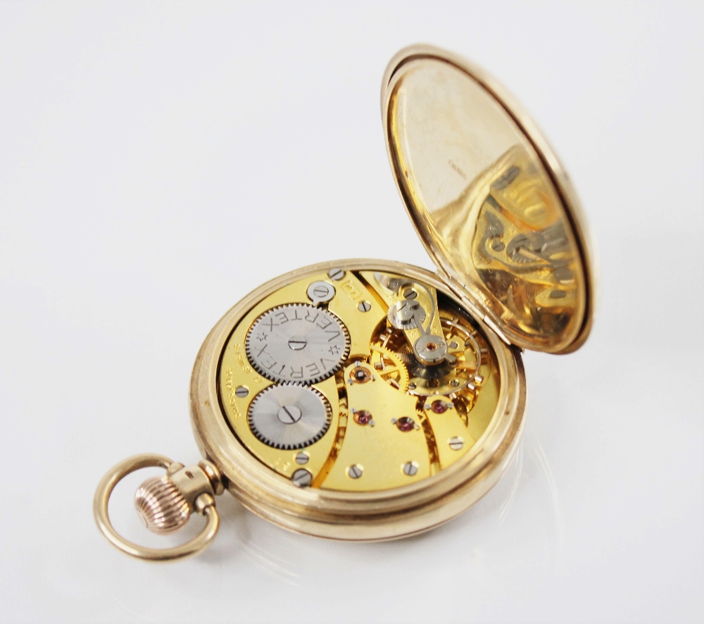 A George V 'Vertex' 9ct gold half hunter pocket watch, the circular white enamel dial with black - Image 4 of 4