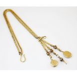 A Victorian gold coloured watch chain or chatelaine, the scalloped box link chain with shepherd's