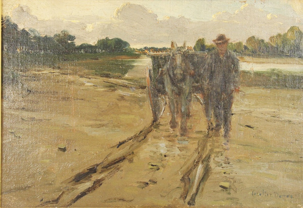 Impressionist school (20th century), A farmer with donkey cart, Oil on board, Indistinctly signed "