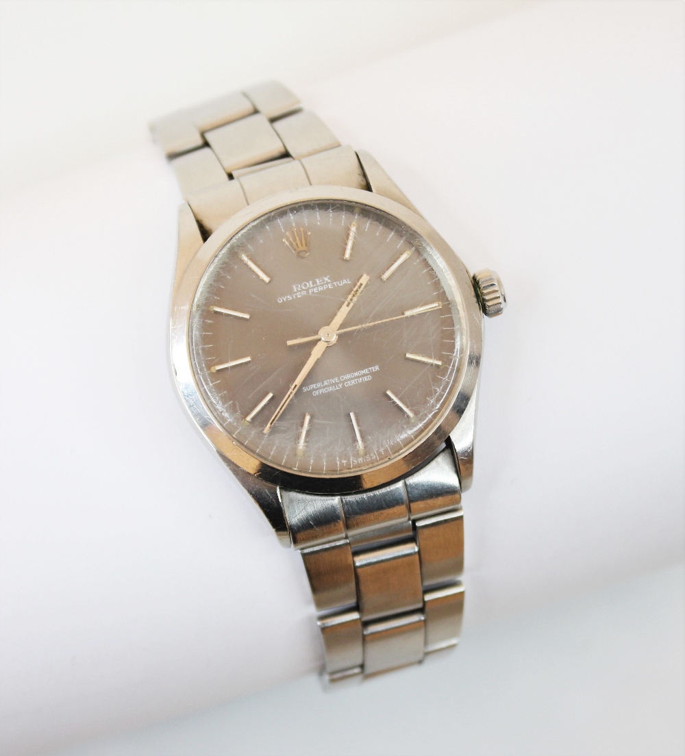 A Rolex Oyster Perpetual stainless steel wristwatch, circa 1970, the circular silver coloured face