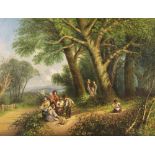 English school (19th century), Children collecting wildflower posies in a wooded landscape, Oil on