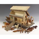 A hand made wooden Noah’s Ark, probably early 20th century, hand painted in a naive folk art
