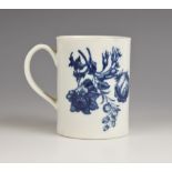 A Worcester porcelain mug, circa 1760-1770, transfer printed in underglaze blue with the Natural