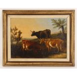 English school (19th century), Three cattle grazing at sunset, Oil on canvas, Unsigned, 26.5cm x