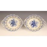 A near pair of Worcester porcelain oval chestnut baskets, circa 1770-1785, each transfer printed