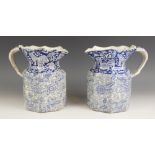 A pair of Mason's Ironstone blue and white jugs, each of octagonal form with flared scalloped