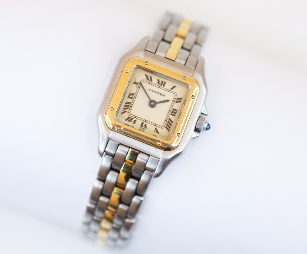 A Cartier bi-colour Panthere wristwatch, the square white dial with Roman numerals and inner seconds - Image 7 of 11