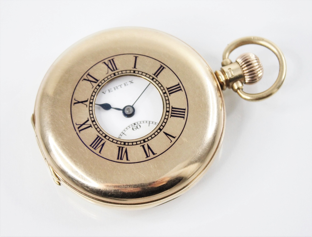 A George V 'Vertex' 9ct gold half hunter pocket watch, the circular white enamel dial with black