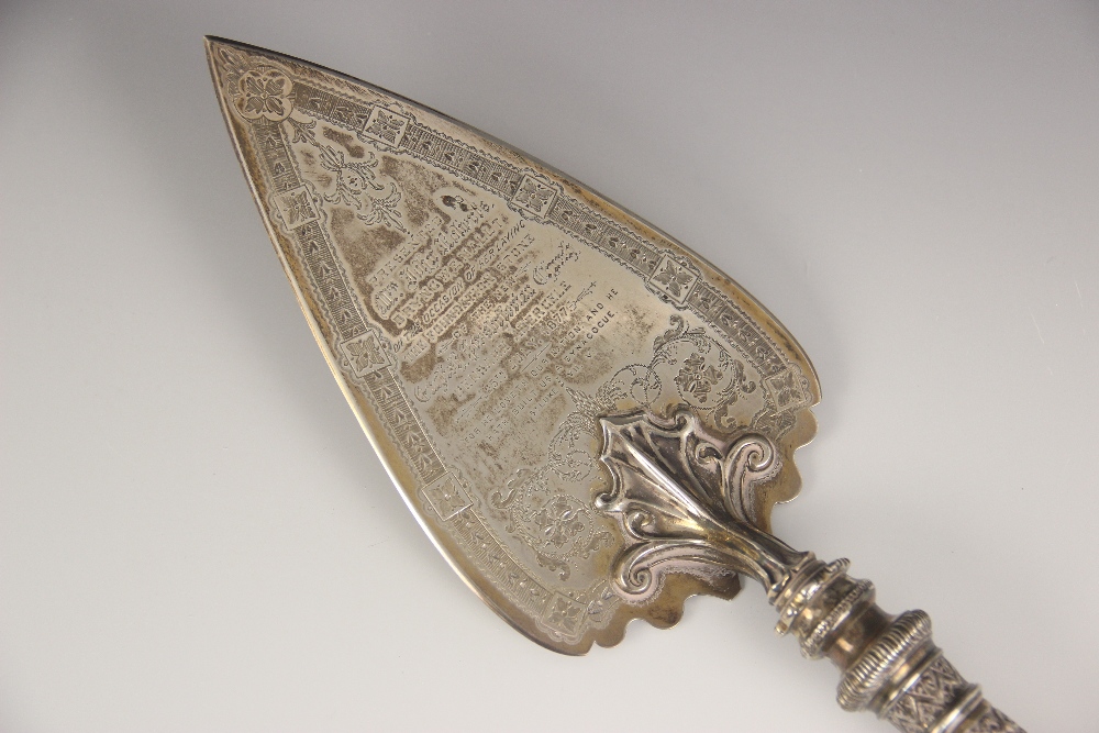 A Victorian silver presentation trowel within fitted case, Martin Hall and Co, London 1876, the - Image 3 of 10