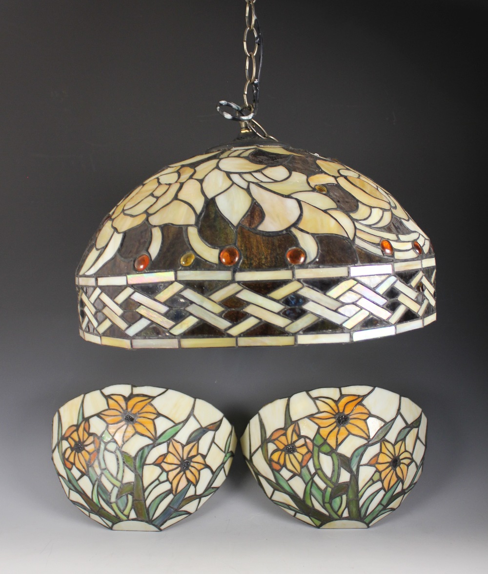 A Tiffany style pendant light fitting, late 20th century, of floral design in green and brown shades