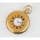 A George V 9ct gold half hunter pocket watch, the circular white enamel dial with black Roman