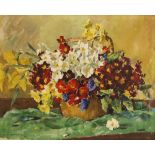 Frank Waddington (British school, 20th century), Floral still life with basket and green cloth,