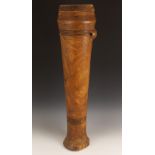 A West African tall Kuba drum, Belgian Congo, the hollowed wood shaft with reptile skin cover,